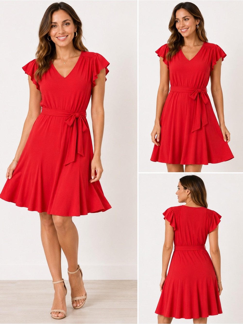 Nina Leonard Red V-Neck Flutter-Sleeve Fit-&-Flair Jersey Dress Belted Size M